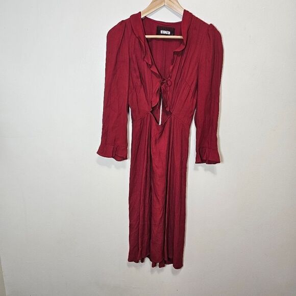 Reformation Ruffled Front Cut Out Heidi Midi Dress 3/4 Sleeve ruffle red Sz 0 - Picture 4 of 13